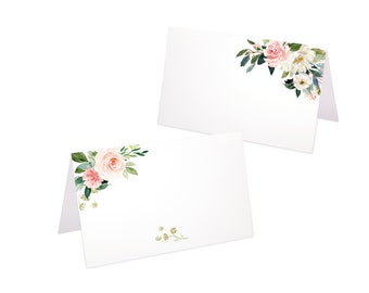 Tischkarten für die Hochzeit Namenskarten zum Beschriften in Watercolor Pfirsich Lachs Aprikose Rose Gold grüne Blätter Blumen Platzkarten