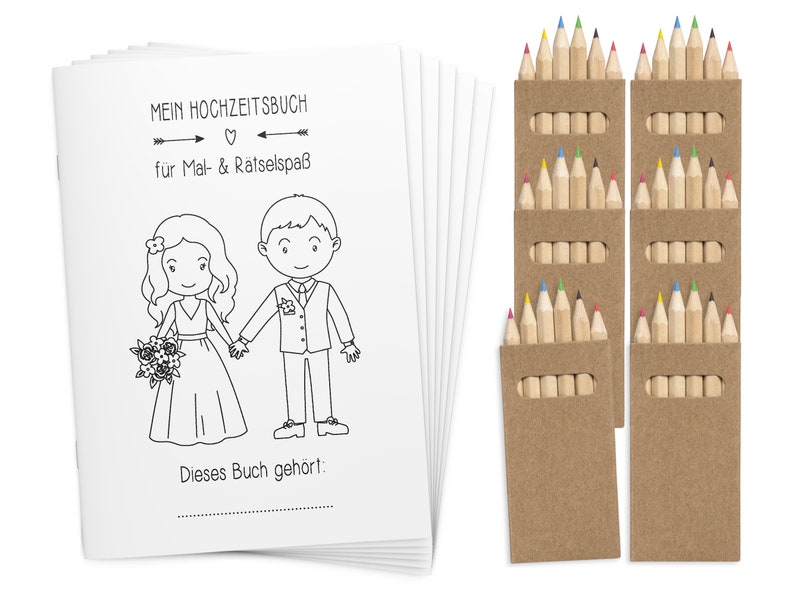 Malbücher Gastgeschenk Hochzeit für Kinder Set mit Buntstiften Hochzeitsmalbuch Alternative zu Gästebuch Malbuch Vintage Stifte Bild 1