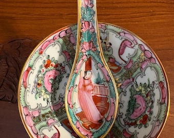 Vintage Chinese Famille Rose Medallion Porcelain Rice Bowl and Spoon.