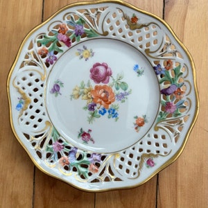 Two Vintage Schumann Bavaria Dresden Flowers Reticulated Bread and Butter Plates