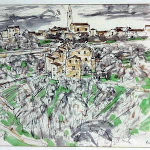 Paul Parker, 20th Century American Painter, Signed, Original, Watercolor, ‘Settignano: Primavera’ Italy, Village, 1958, Cézanne-Like Style