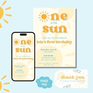 Editable One in the Sun Birthday Invitation | One Year Old Birthday Invite | Summer Party | 1st Birthday | First Birthday Party | Sun Theme