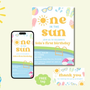 Editable One in the Sun Birthday Invitation | One Year Old Birthday Invite | Pool Party | Summer Party | 1st Birthday | First Birthday Party