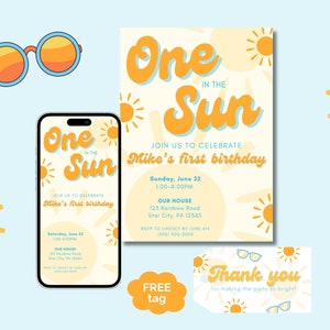 Editable One in the Sun Birthday Invitation | One Year Old Birthday Invite | Groovy Retro | 1st Birthday | First Birthday Party | Sun Theme
