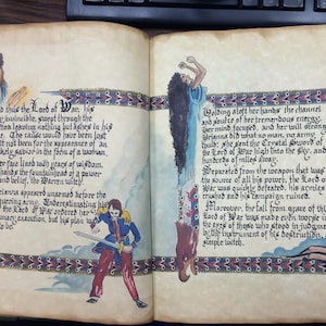 May include: An illustrated book page with a hand-painted image of a woman holding a sword. The text on the page reads "And thus the Lord of War..." and "Holding aloft her hands..."