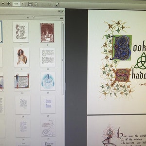 May include: A computer screen displaying a digital book titled "Book of Shadows" with a green, blue, and gold illustrated cover. The book is open to a page with text that reads "Hear now the words of the witches, The secrets we hid".