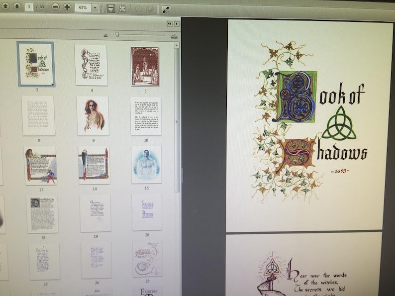 May include: A computer screen displaying a digital book titled "Book of Shadows" with a green, blue, and gold illustrated cover. The book is open to a page with text that reads "Hear now the words of the witches, The secrets we hid".
