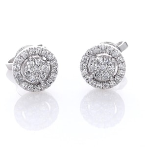 Round diamond halo stud earrings, 0.30carat round shaped natural diamonds, diamond earrings, white gold, halo earrings, cluster