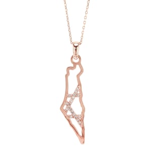 Handgefertigte 14K Rosegold Diamond Set Map of Israel Anhänger mit Davidstern - Holy Land Statement Halskette
