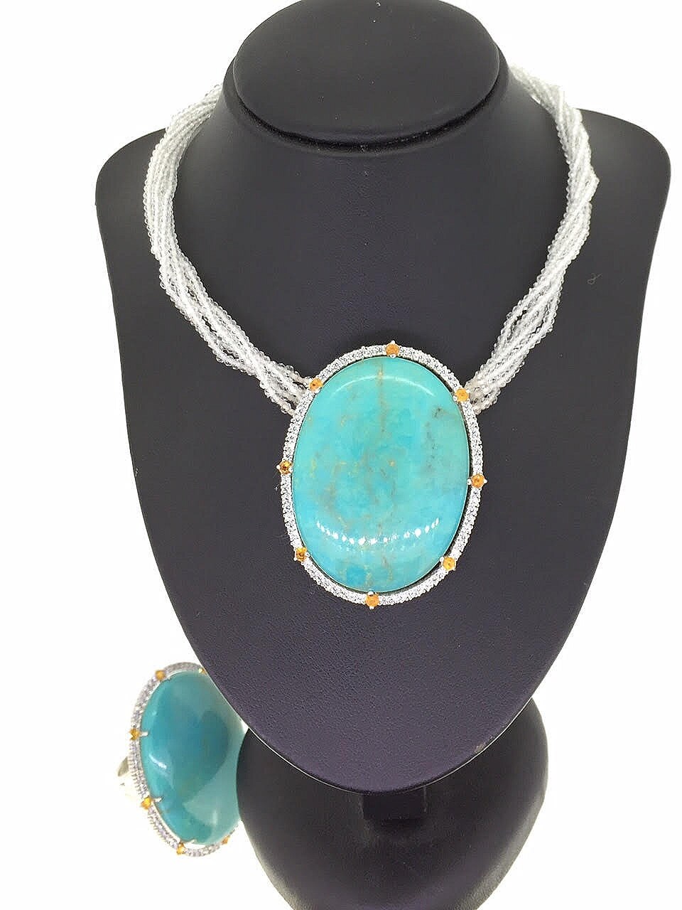 Turquoise citrine and Cubic Zirconia sterling silver necklace 5 strands of crystals pendant necklace turquoise  necklace free shipping