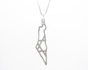 Handcrafted Map Of Israel Pendant with Star of David set with a round diamond 0.01 carats- Holy Land Statement Necklace in silver 925