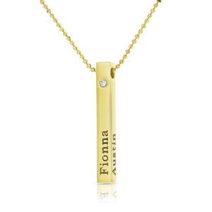 Collar con nombre y barra de diamante grabada, colgante con nombre de barra de 0,03, collar de regalo personalizado chapado en oro, collar grabado personalizado, collar de plata