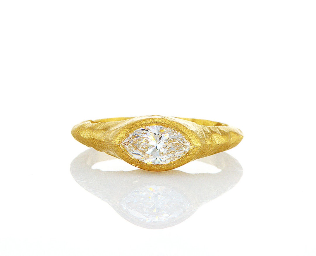 Marquise Diamond Ring, Rough Rock Asymmetrical Ring, Marquise 0.85 ...