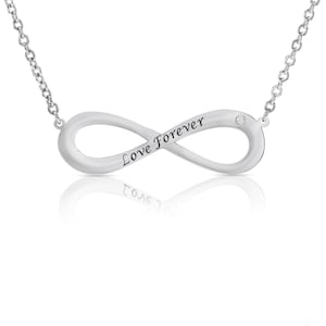 Collar y colgante grande de plata de ley con infinito y diamante natural redondo de 0,03 quilates. Collar con nombre, joyería de eternidad artesanal.