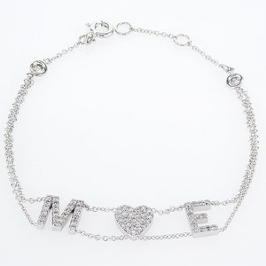 Pulsera de diamantes con inicial, pulsera de oro blanco de 14 k, pulsera personalizada, pulsera con letras de corazón, pulsera con letras, pulsera con inicial de diamantes