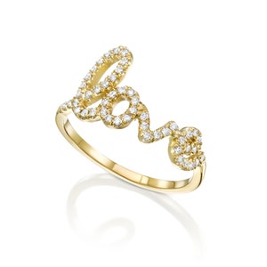 Anillo de diamantes de amor, anillo de amor, anillo de promesa, anillo de oro, anillo con letras del alfabeto, oro amarillo, anillo de cóctel, anillo de diamantes pavé