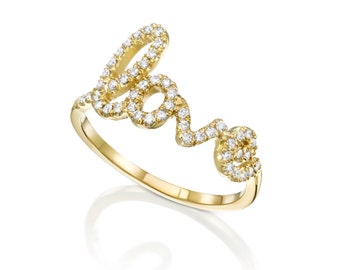 Love pave diamond ring love ring promise ring gold ring script word letters alphabet ring yellow gold cocktail ring free shipping