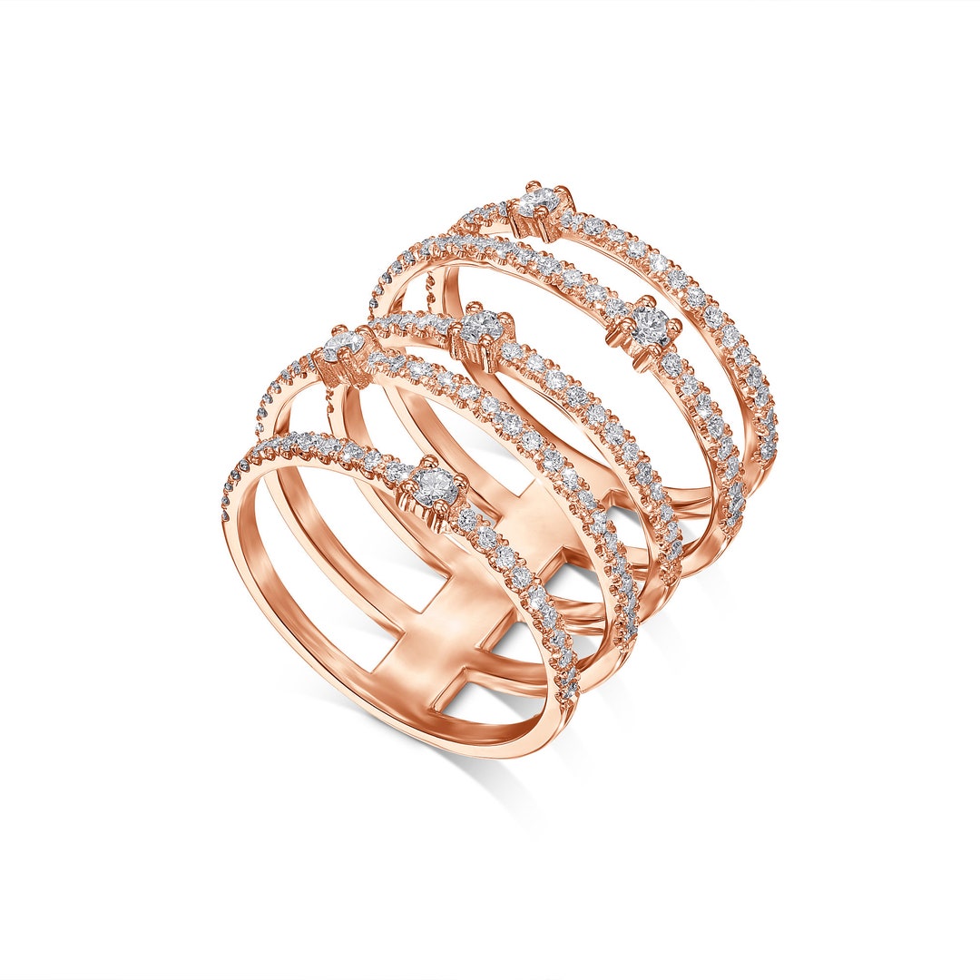 Multi Band Diamond Ring, 5 Band Diamond Ring, Rose Gold Ring, Cocktail ...