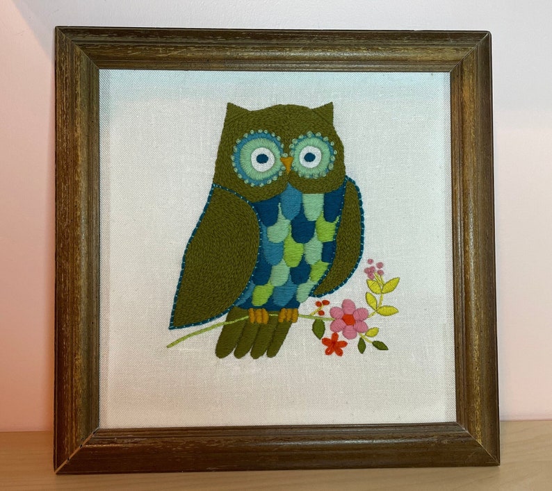 Framed Needlepoint Owl Picture Etsy