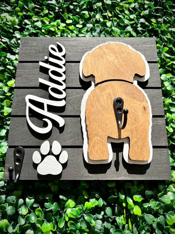 2 layered black shiplap pet leash holder to keep your Pup's gear tidy and organized in style. Perfect personalized custom gift.