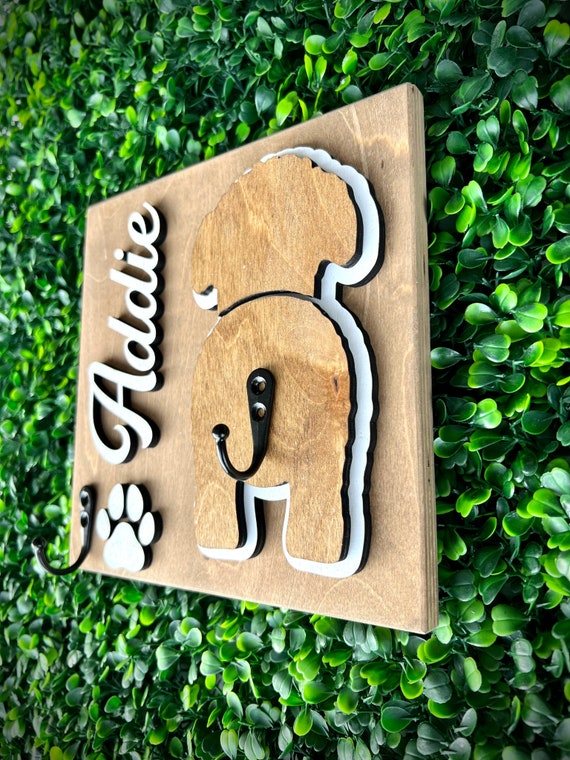 2 layered pet leash holder to keep your Pup's gear tidy and organized in style. Perfect personalized custom gift for pet owners.