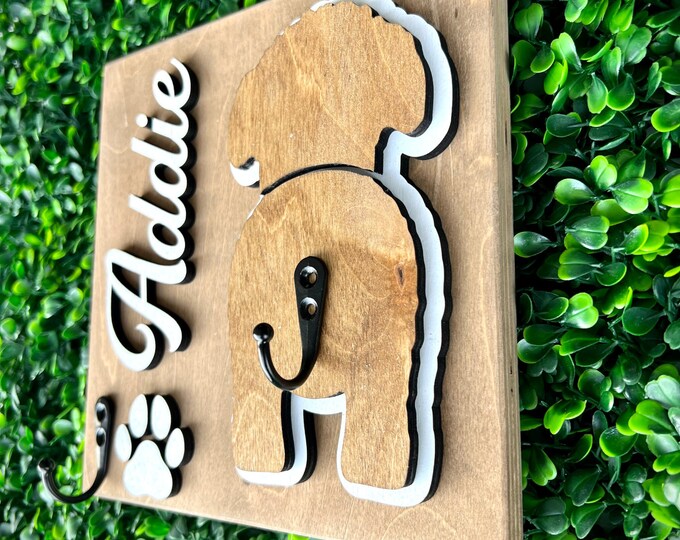 2 layered pet leash holder to keep your Pup's gear tidy and organized in style. Perfect personalized custom gift for pet owners.