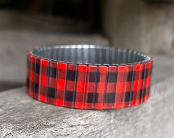 Buffalo Plaid Stainless Steel Stretch Bracelet – Red Check Rustic Wrist Art Gift