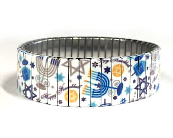 Stainless steel stretch bracelet, Hanukkah, Menorahs, Jewish Holiday Wrist-Art