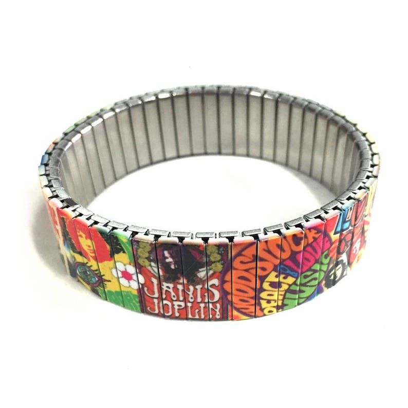 Stainless steel stretch bracelet, 60's Woodstock Peace and Love, Hippie Wrist-Art image 6