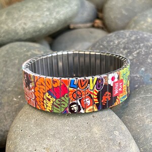 Stainless steel stretch bracelet, 60's Woodstock Peace and Love, Hippie Wrist-Art image 2