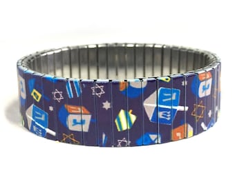 Stainless steel stretch bracelet, Dreidels, Hanukkah, Jewish Holiday, Wrist-Art
