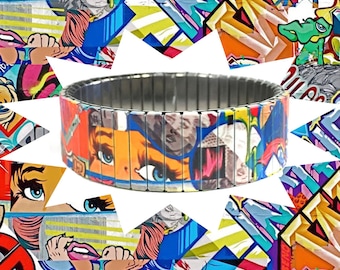 Comic Pop Art Stainless Steel Stretch Bracelet – Retro Graphic Wrist Art Gift