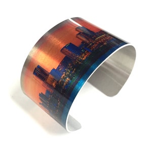 Cuff Bracelet CITY SKYLINE in metallic background, Pink, Aluminum, Jewelry, Customizable, Sublimation, gift for friends