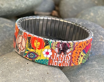 Stainless steel stretch bracelet, 60's Woodstock Peace and Love, Hippie Wrist-Art