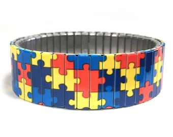 Stainless steel stretch bracelet, Autism awareness puzzle Wrist-Art