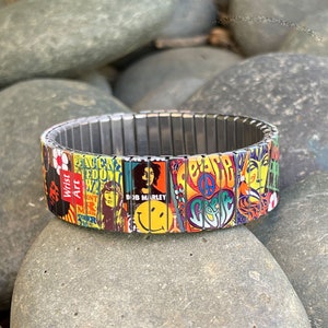 Stainless steel stretch bracelet, 60's Woodstock Peace and Love, Hippie Wrist-Art image 3