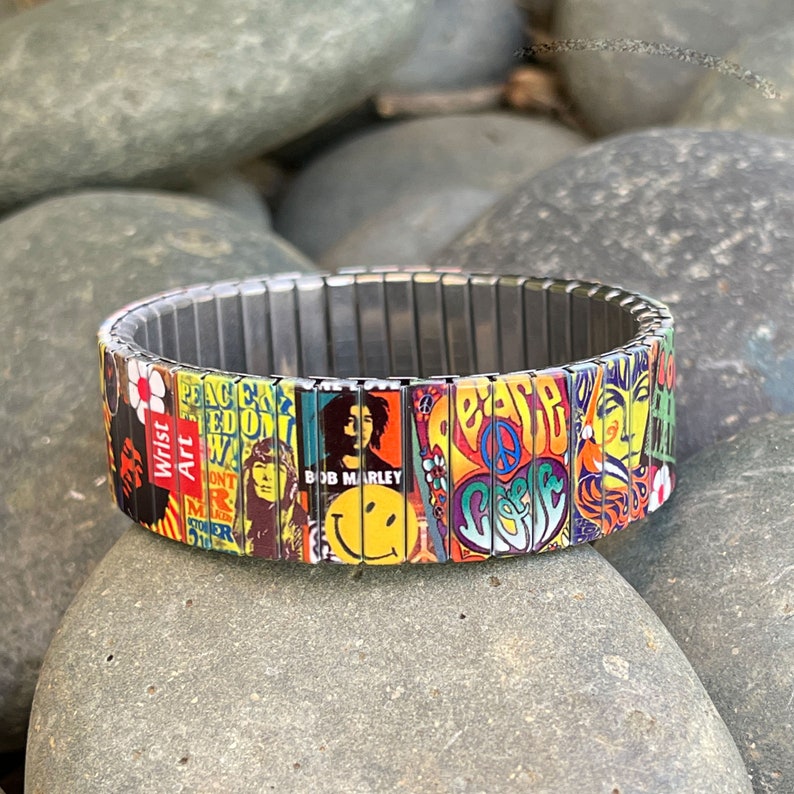 Stainless steel stretch bracelet, 60's Woodstock Peace and Love, Hippie Wrist-Art image 3