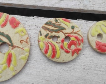 Handmade ceramic buttons / Polish - Kashubian floral folk pattern / unique pottery button / folk vintage buttons / boho style hand painting