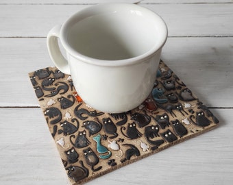 large ceramic coaster for a cup / stoneware candlestick / with a cat motif /  Pottery mug coaster for cat lovers / boho style modern coaster