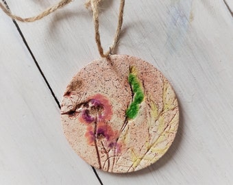 Large ceramic pendant handmade necklace, unique pottery field flower in boho style, hand painted minimalist pendant, natural modern jewelry