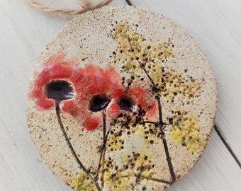 Ceramic pendant large handmade necklace, unique pottery poppy flower in boho style, hand painted minimalist pendant, cute red modern jewelry