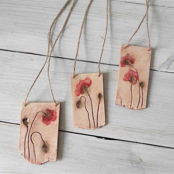 Ceramic pendant large handmade necklace, unique pottery poppy flower in boho style, hand painted minimalist pendant, cute red modern jewelry