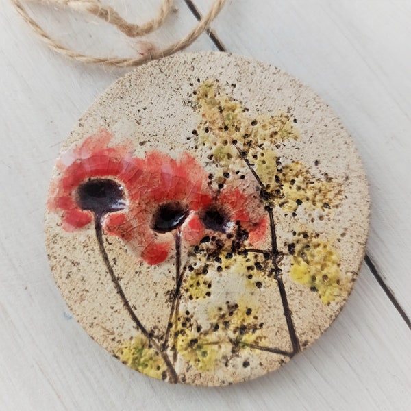Ceramic pendant large handmade necklace, unique pottery poppy flower in boho style, hand painted minimalist pendant, cute red modern jewelry