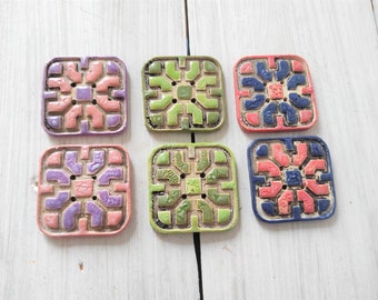 Inca style ceramic button, XL hand made square button, hand painted ethnic pattern, unique inca design buttons, incas art jewelry, UFO folk