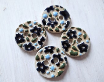 Ceramic buttons /  Handmade hand painted button for cardigans / unique pottery button / flower motif / beautiful handpainted flowers