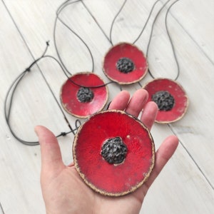 Handmade Ceramic Poppy Pendant Necklace: Boho Red Flower Jewelry