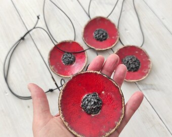 Ceramic pendant large handmade necklace, unique pottery poppy flower in boho style, hand painted minimalist pendant, cute red modern jewelry