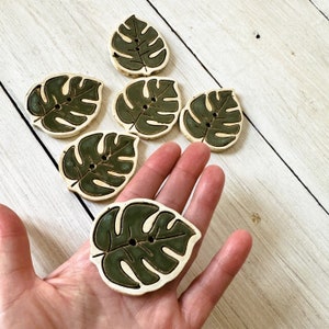 May include: Seven green and white ceramic buttons shaped like monstera leaves. The buttons have a hole in the center for sewing.
