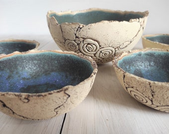 Set of 5 handmade ceramic bowls, unique serving bowls in sea color, minimalist style, modern stoneware bowl, decorative salad & fruit bowls