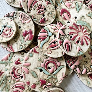 Handmade Ceramic Buttons: Floral Kashubian Folk Art Stoneware